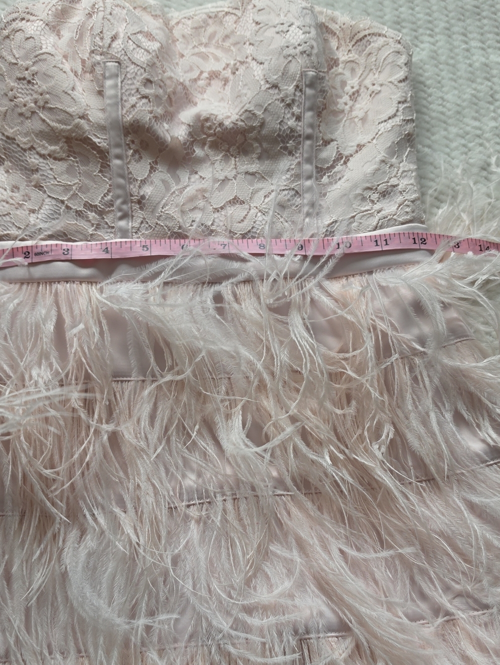 Bebe Strapless Blush Lace & Feather Cocktail Dress - Picture 3 of 11